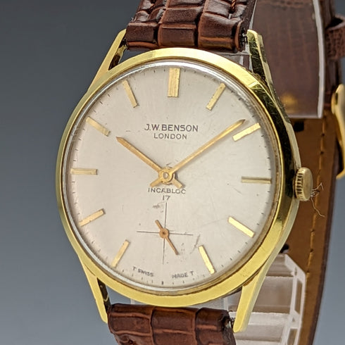 英国ヴィンテージ ベンソン 紳士用腕時計 金張りケース 17石 動作良好